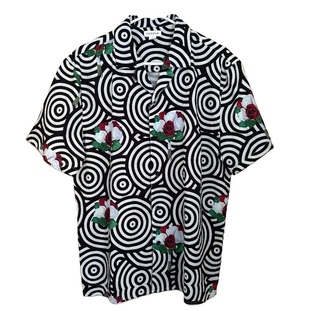 PacSun Geometric Floral Button Up Shirt M Spiral Circles B/W Retro Art Abstract